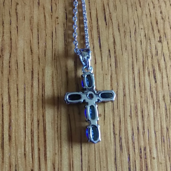 Deep Blue Cross Necklace with CZ Center Stone NEW - Picture 2 of 3